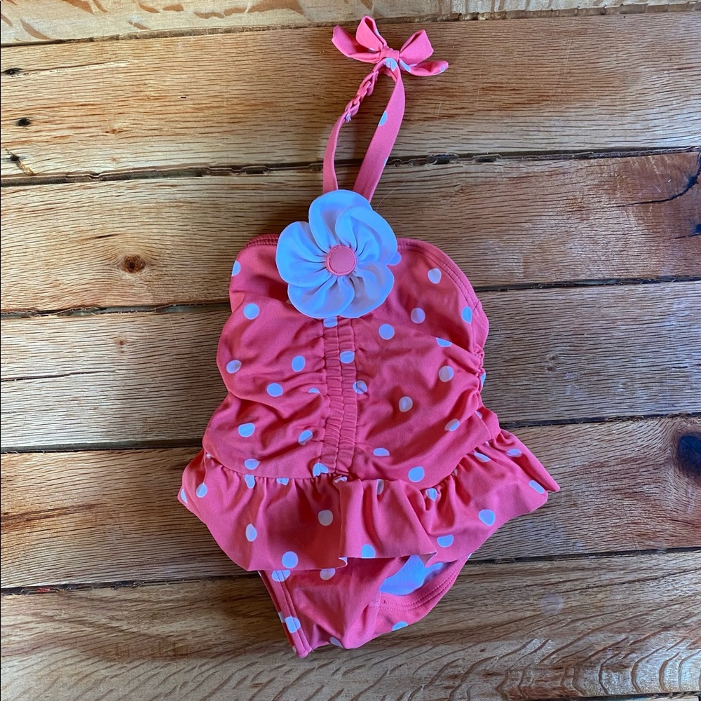 Janie & Jack Pink White Polka Dot Ruffle Halter Swimsuit 3-6 Month